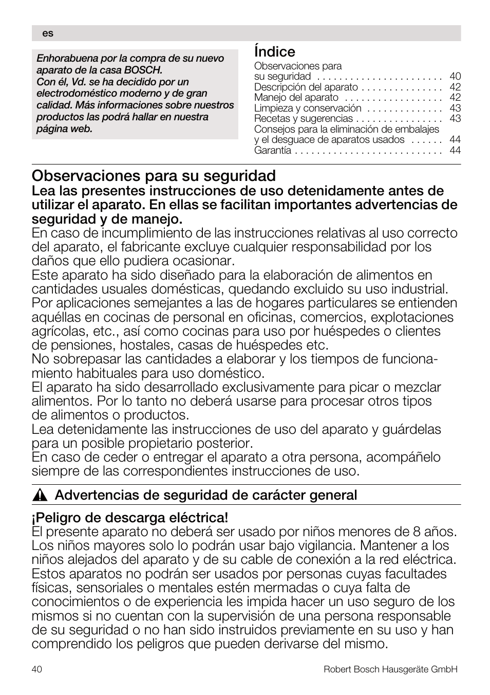 Observaciones para su seguridad, Índice | Bosch MSM67160 Mixeur plongeant noir gris User Manual | Page 40 / 98