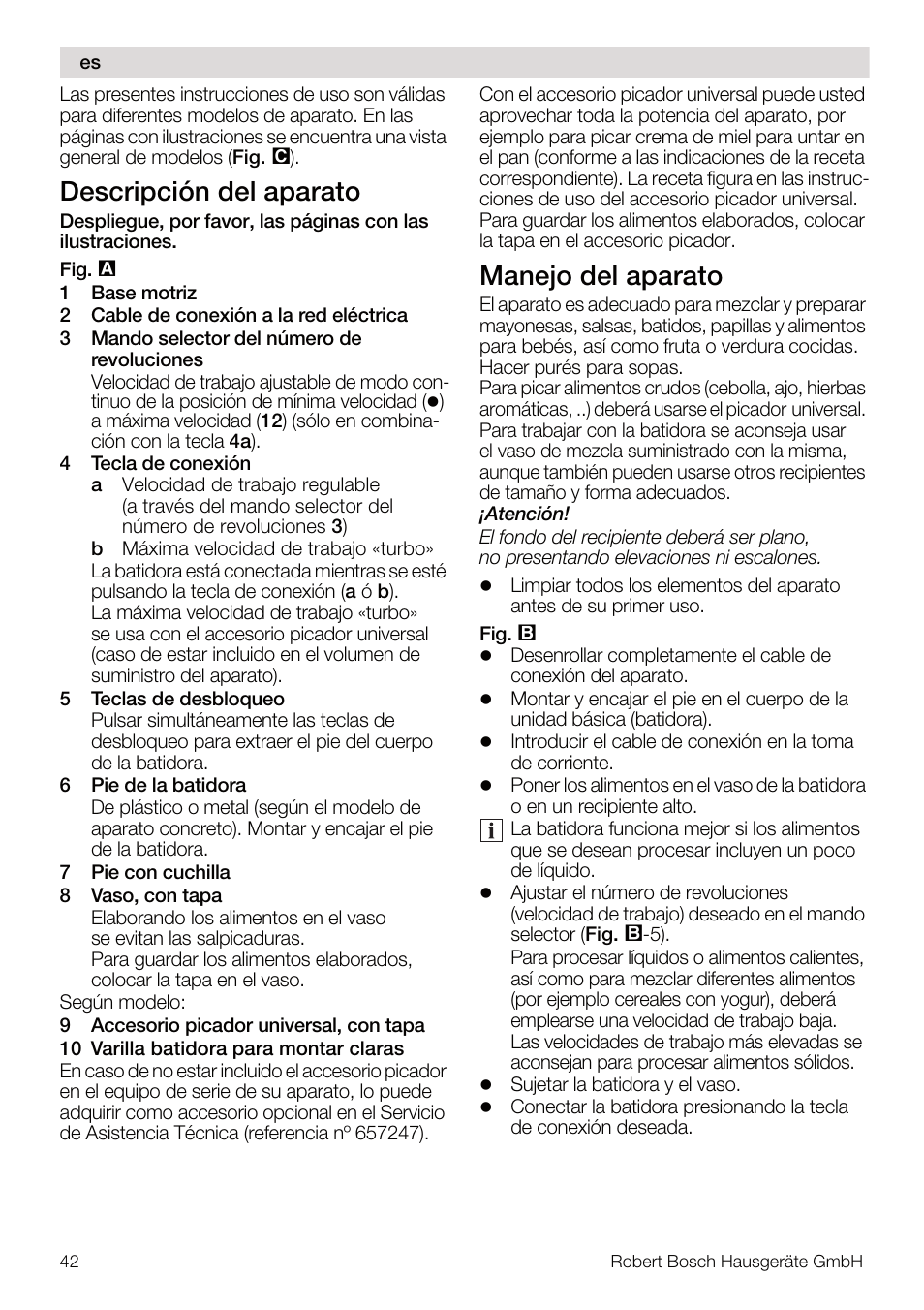 Descripción del aparato, Manejo del aparato | Bosch MSM67160 Mixeur plongeant noir gris User Manual | Page 42 / 98