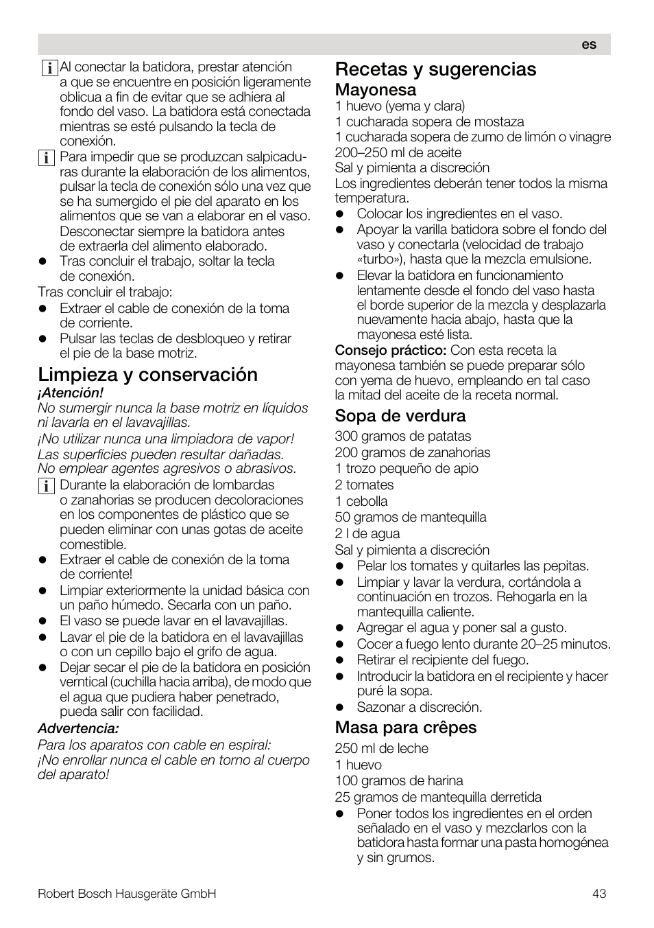 Limpieza y conservación, Recetas y sugerencias, Mayonesa | Sopa de verdura, Masa para crêpes | Bosch MSM67160 Mixeur plongeant noir gris User Manual | Page 43 / 98