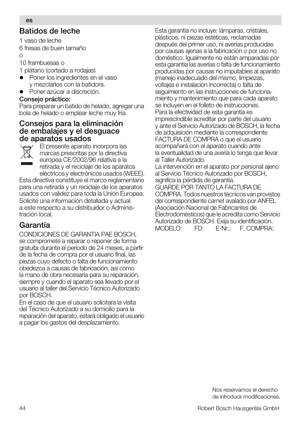 Batidos de leche, Garantía | Bosch MSM67160 Mixeur plongeant noir gris User Manual | Page 44 / 98