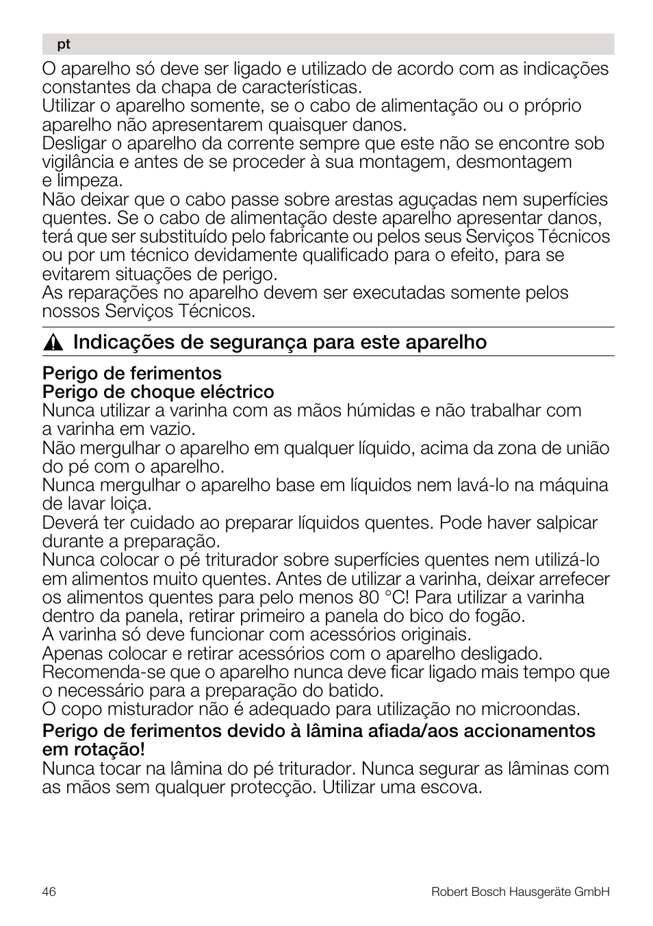 Indicações de segurança para este aparelho | Bosch MSM67160 Mixeur plongeant noir gris User Manual | Page 46 / 98