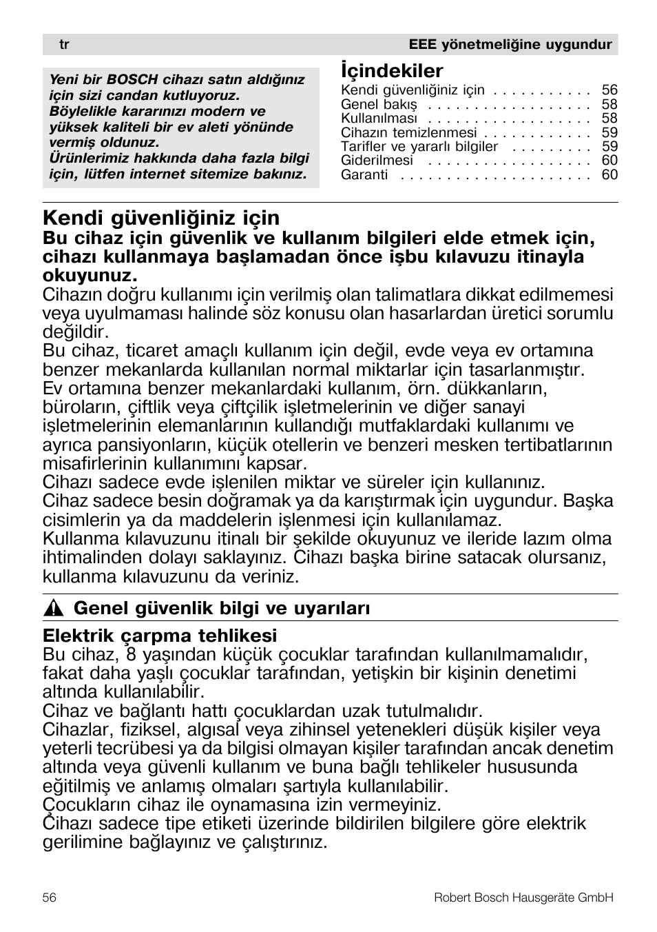 Kendi güvenliðiniz için, Ýçindekiler | Bosch MSM67160 Mixeur plongeant noir gris User Manual | Page 56 / 98