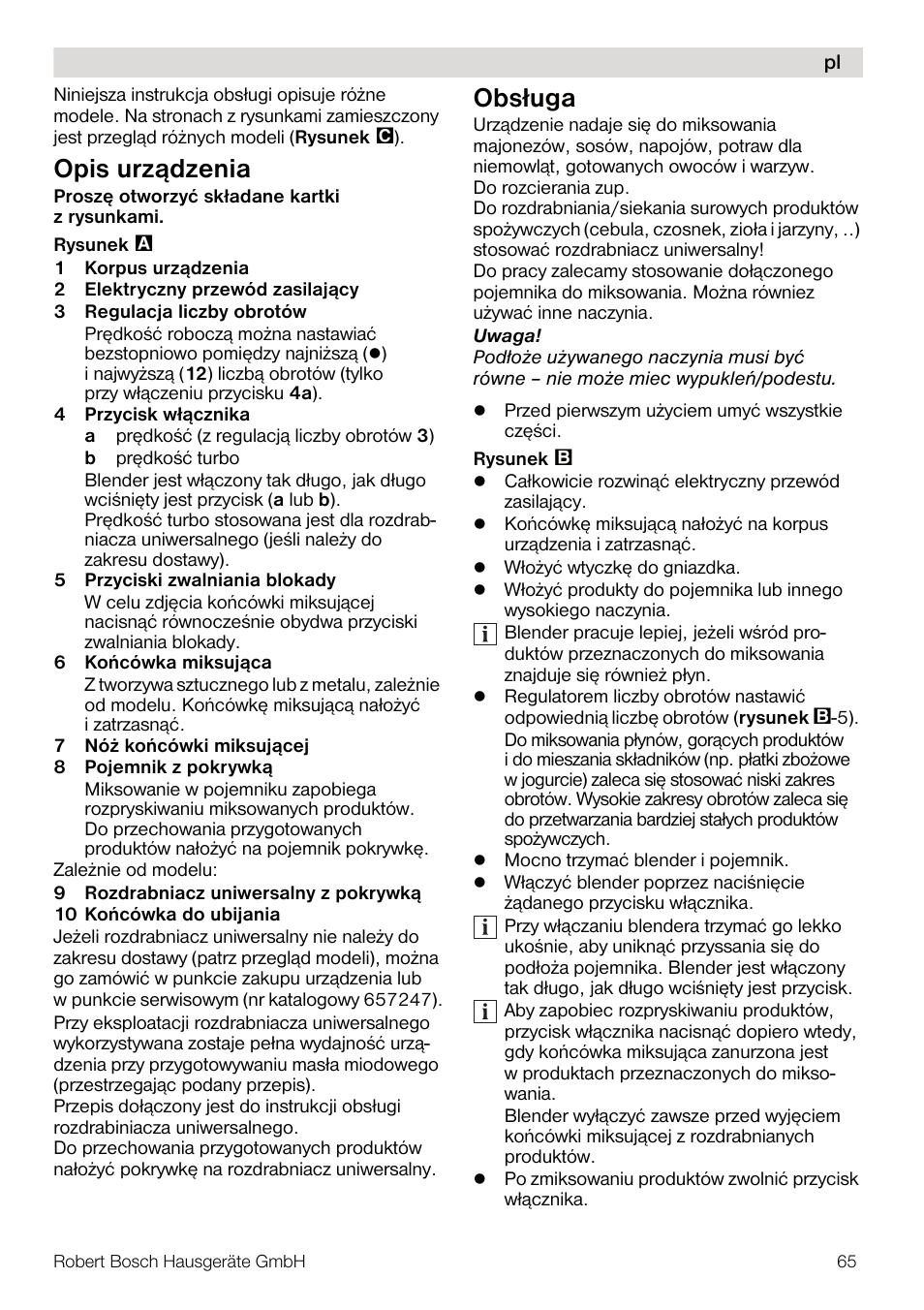 Opis urz¹dzenia, Obsługa | Bosch MSM67160 Mixeur plongeant noir gris User Manual | Page 65 / 98