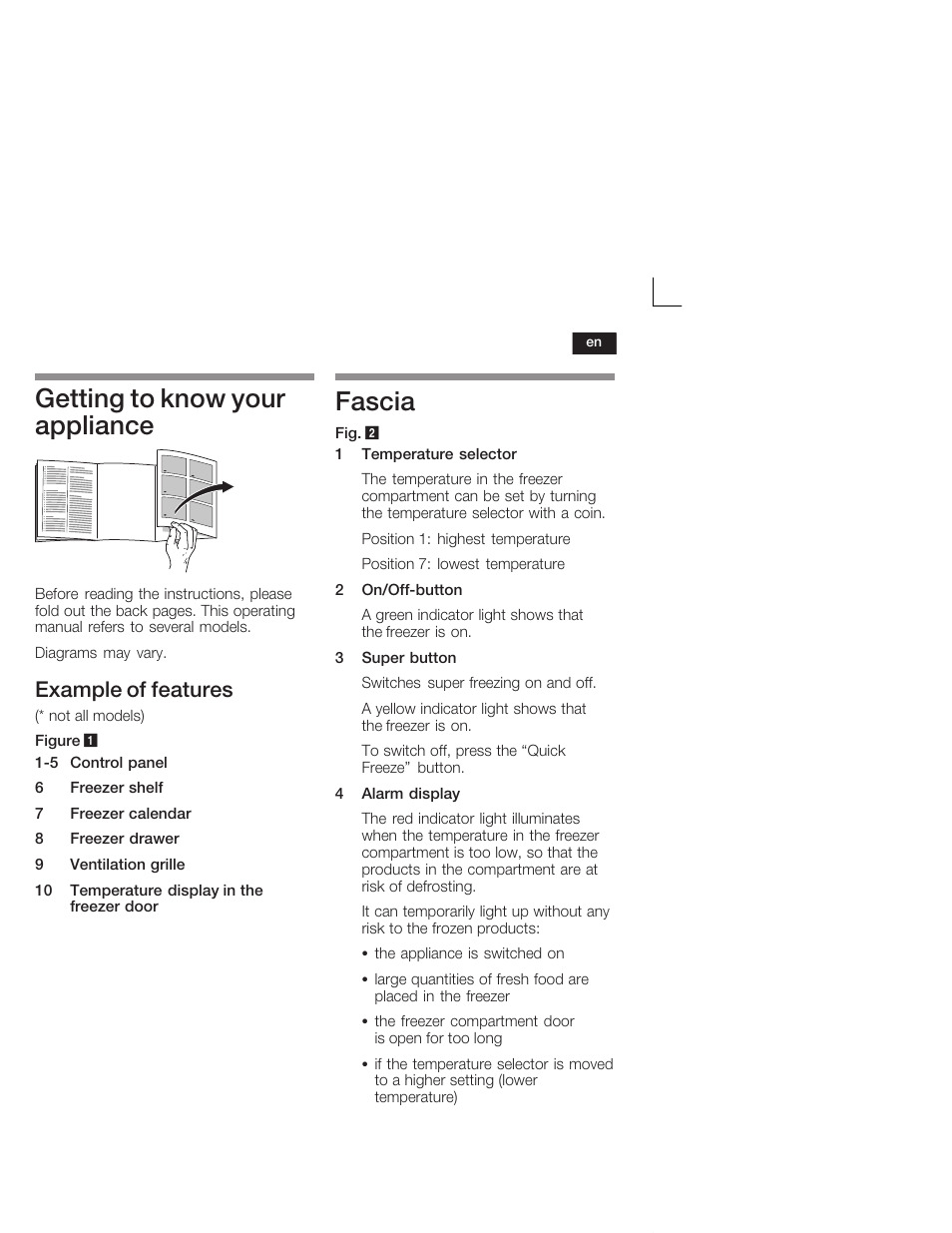 Getting to know your appliance, Fascia, Example of features | Bosch GUD15A50 Congélateur intégrable Premium Fixation de porte à pantographe User Manual | Page 17 / 65