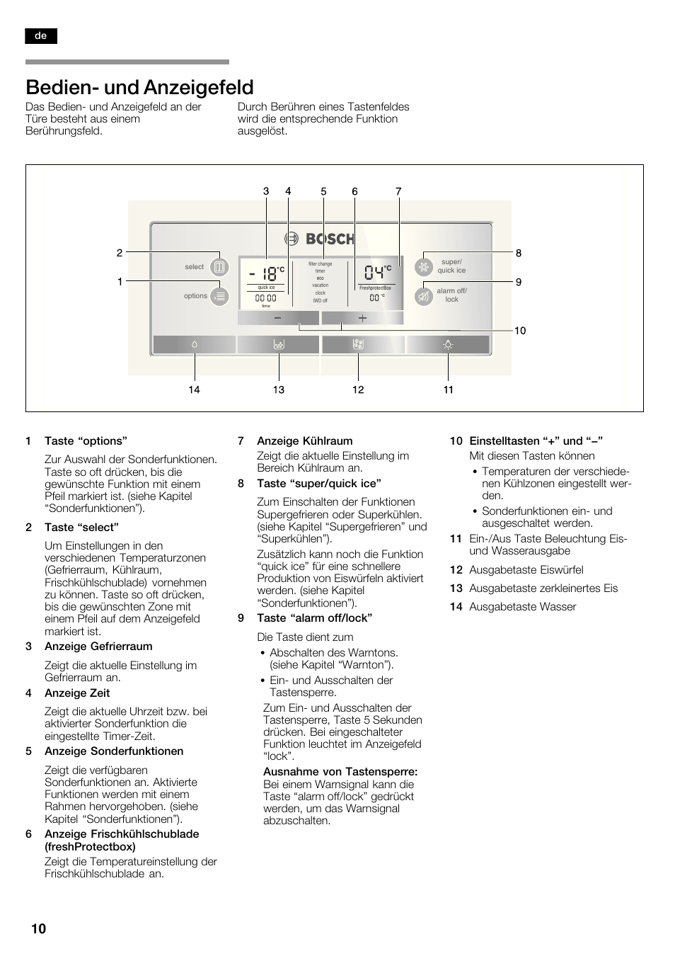 Bedienć und anzeigefeld | Bosch KAD62S51 Réfrigérateur-congélateur américain Premium User Manual | Page 10 / 114