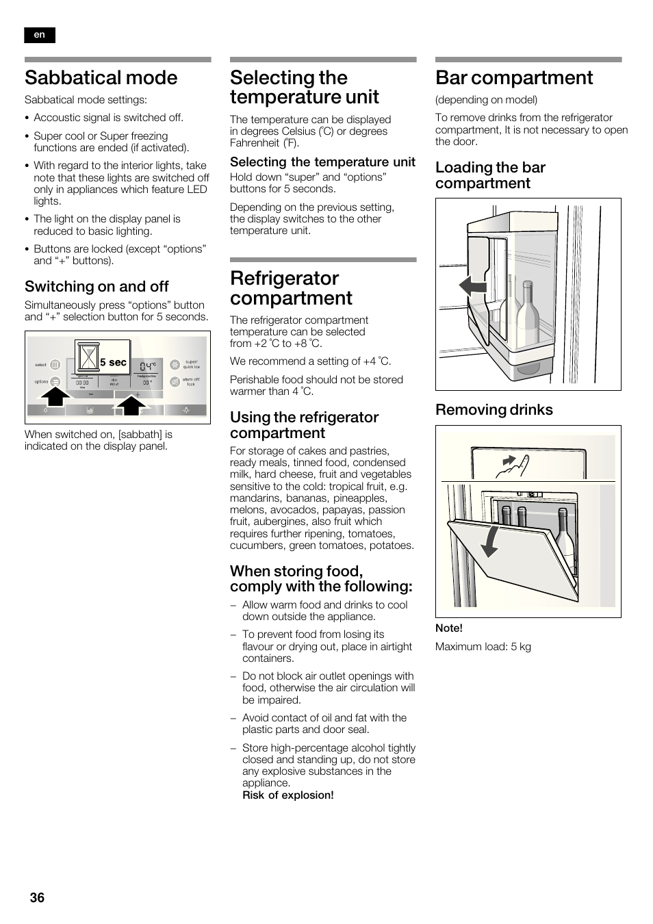 Sabbatical mode, Selecting the temperature unit, Refrigerator compartment | Bar compartment, Switching on and off, Using the refrigerator compartment, When storing food, comply with the following, Loading the bar compartment removing drinks | Bosch KAD62S51 Réfrigérateur-congélateur américain Premium User Manual | Page 36 / 114