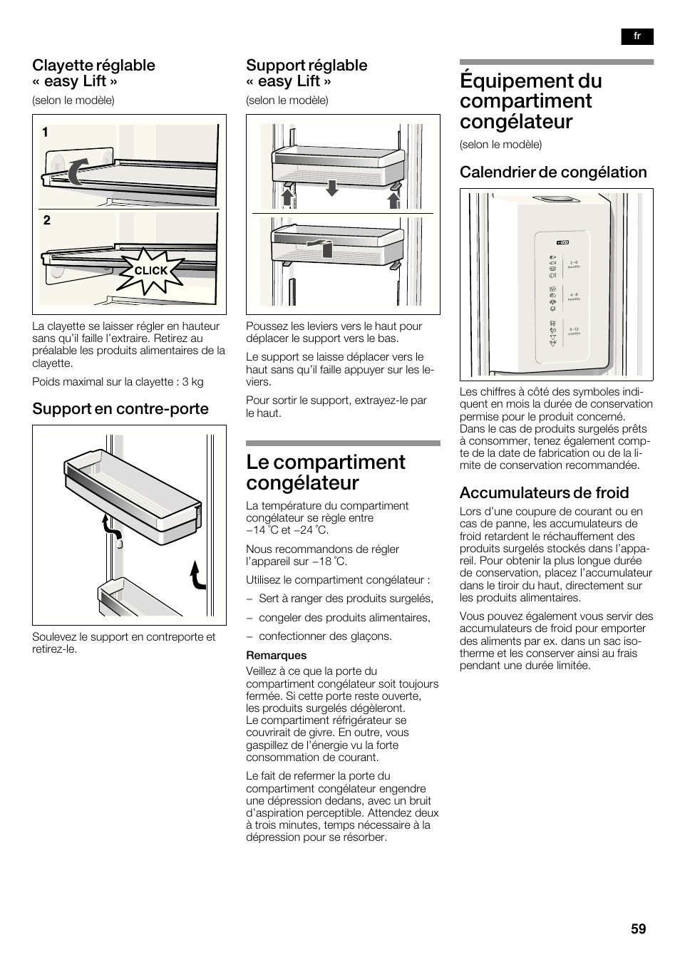 Le compartiment congélateur, Équipement du compartiment congélateur, Clayette réglable « easy lift | Support en contrećporte, Support réglable « easy lift, Calendrier de congélation, Accumulateurs de froid | Bosch KAD62S51 Réfrigérateur-congélateur américain Premium User Manual | Page 59 / 114