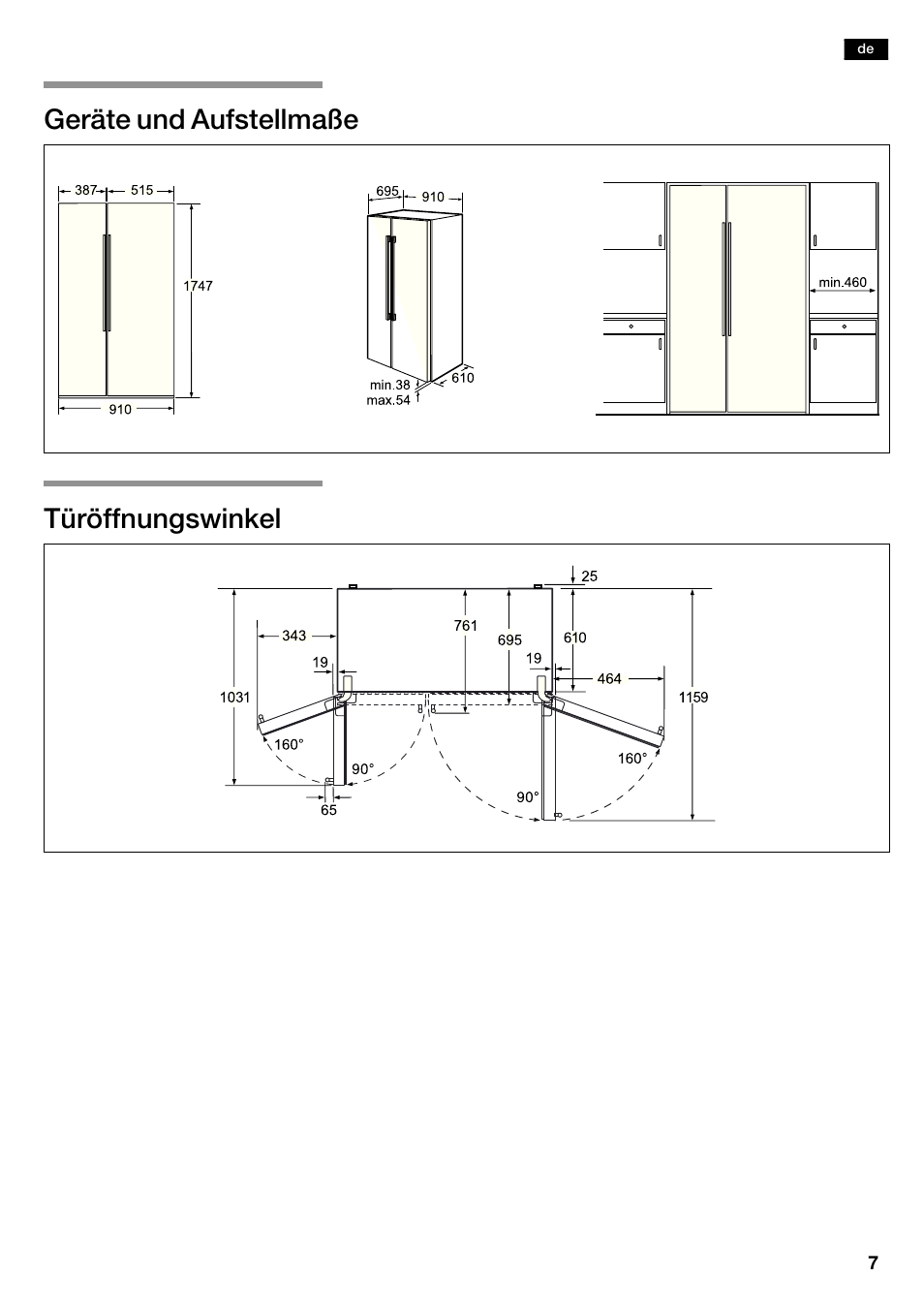 Geräte und aufstellmaße türöffnungswinkel | Bosch KAD62S51 Réfrigérateur-congélateur américain Premium User Manual | Page 7 / 114