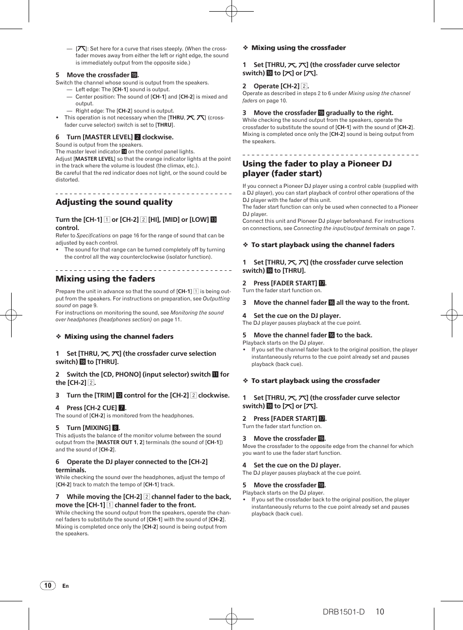 Drb1501-d, Adjusting the sound quality, Mixing using the faders | Pioneer DJM-350-W User Manual | Page 10 / 116