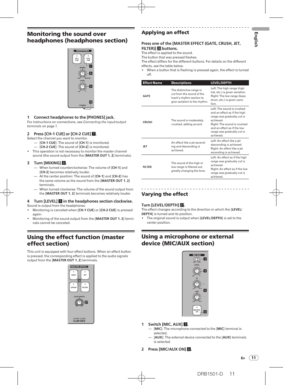 Drb1501-d, Applying an effect, Varying the effect | 11 english | Pioneer DJM-350-W User Manual | Page 11 / 116