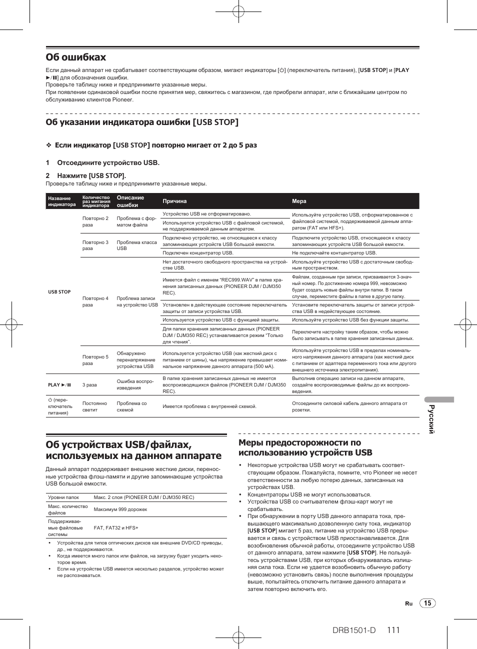 Об ошибках, Об устройствах usb/ файлах, используемых на данном, Аппарате | Drb1501-d, Об указании индикатора ошибки [usb stop, 15 русски й | Pioneer DJM-350-W User Manual | Page 111 / 116