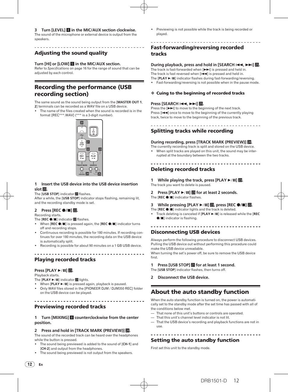 About the auto standby function, Drb1501-d, Adjusting the sound quality | Playing recorded tracks, Previewing recorded tracks, Fast-forwarding/ reversing recorded tracks, Splitting tracks while recording, Deleting recorded tracks, Disconnecting usb devices, Setting the auto standby function | Pioneer DJM-350-W User Manual | Page 12 / 116