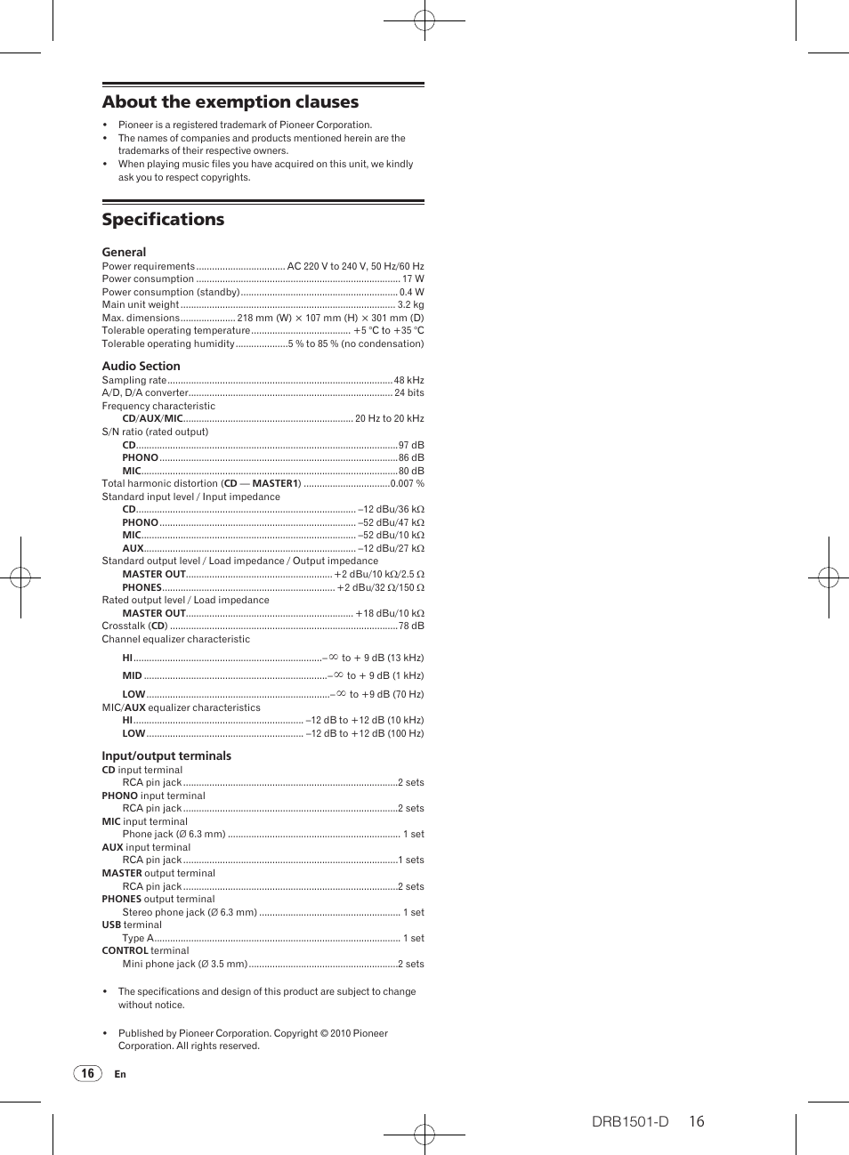 About the exemption clauses specifications, About the exemption clauses, Specifications | Drb1501-d | Pioneer DJM-350-W User Manual | Page 16 / 116