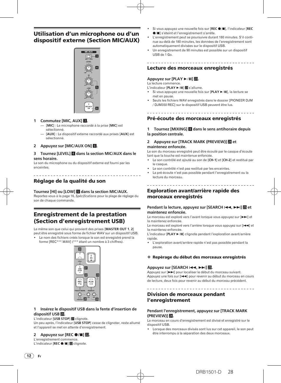 Drb1501-d, Réglage de la qualité du son, Lecture des morceaux enregistrés | Pré-écoute des morceaux enregistrés, Division de morceaux pendant l’enregistrement | Pioneer DJM-350-W User Manual | Page 28 / 116