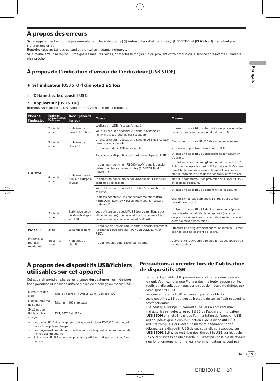 À propos des erreurs, Drb1501-d, 15 français | Pioneer DJM-350-W User Manual | Page 31 / 116