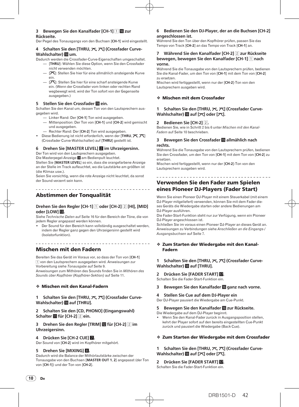 Drb1501-d, Abstimmen der tonqualität, Mischen mit den fadern | Pioneer DJM-350-W User Manual | Page 42 / 116