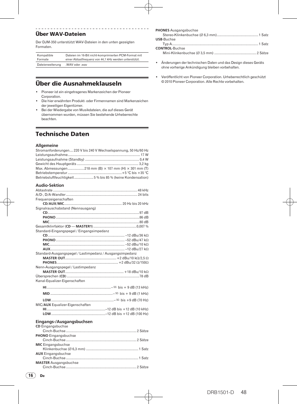 Über die ausnahmeklauseln technische daten, Über die ausnahmeklauseln, Technische daten | Drb1501-d, 48 über wav-dateien | Pioneer DJM-350-W User Manual | Page 48 / 116