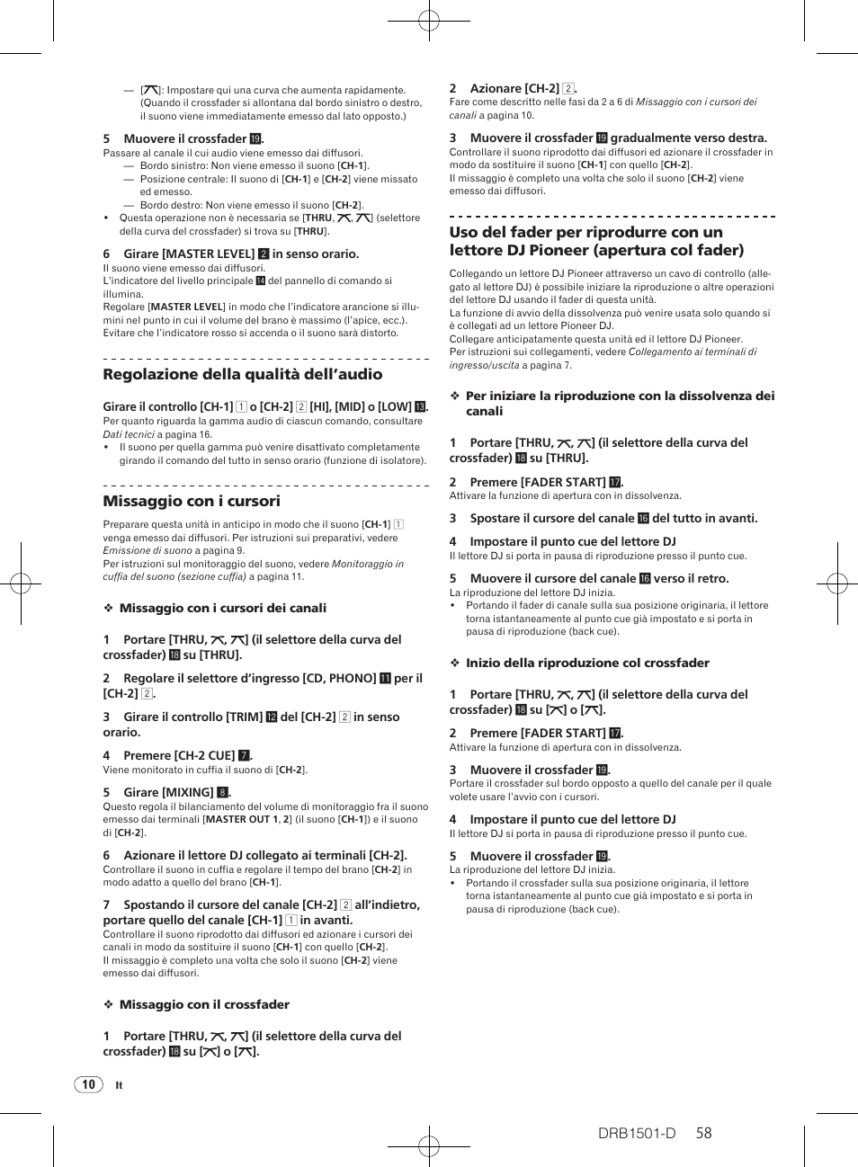 Drb1501-d, Regolazione della qualità dell’audio, Missaggio con i cursori | Pioneer DJM-350-W User Manual | Page 58 / 116