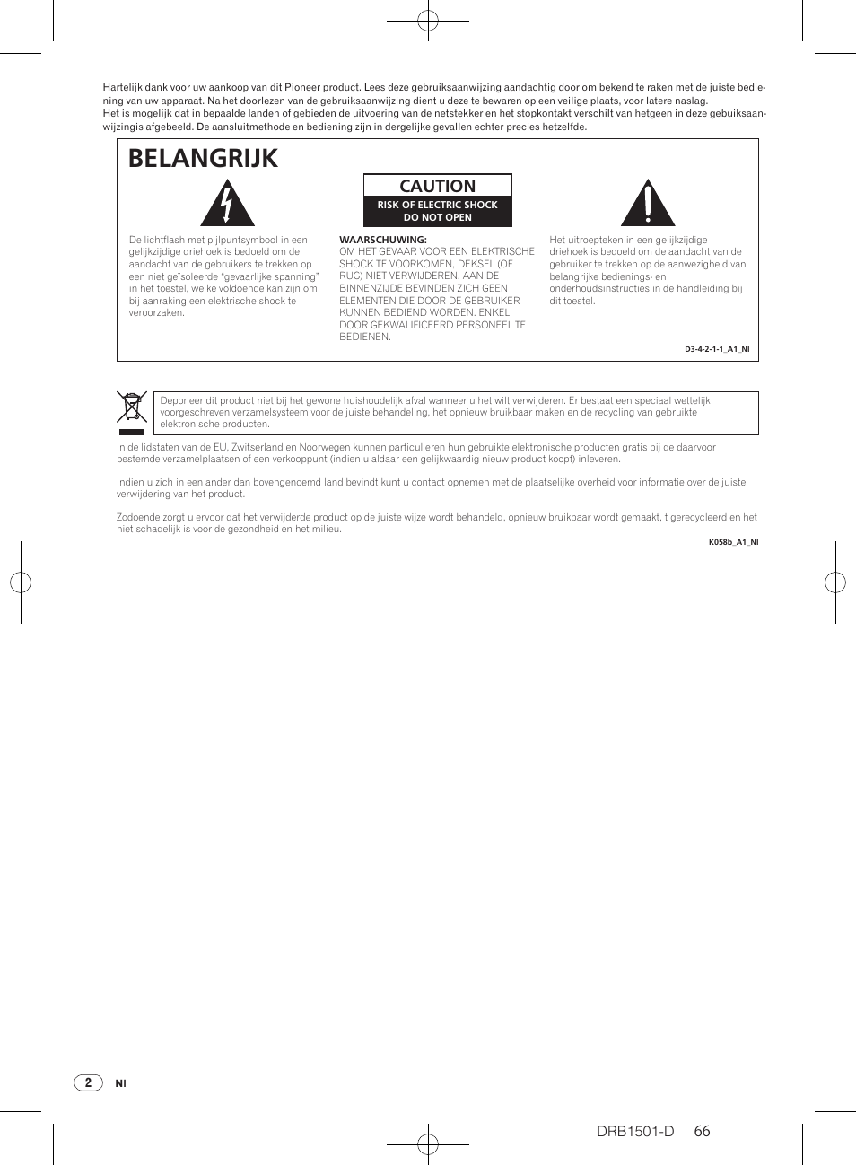 Belangrijk, Caution, Drb1501-d | Pioneer DJM-350-W User Manual | Page 66 / 116