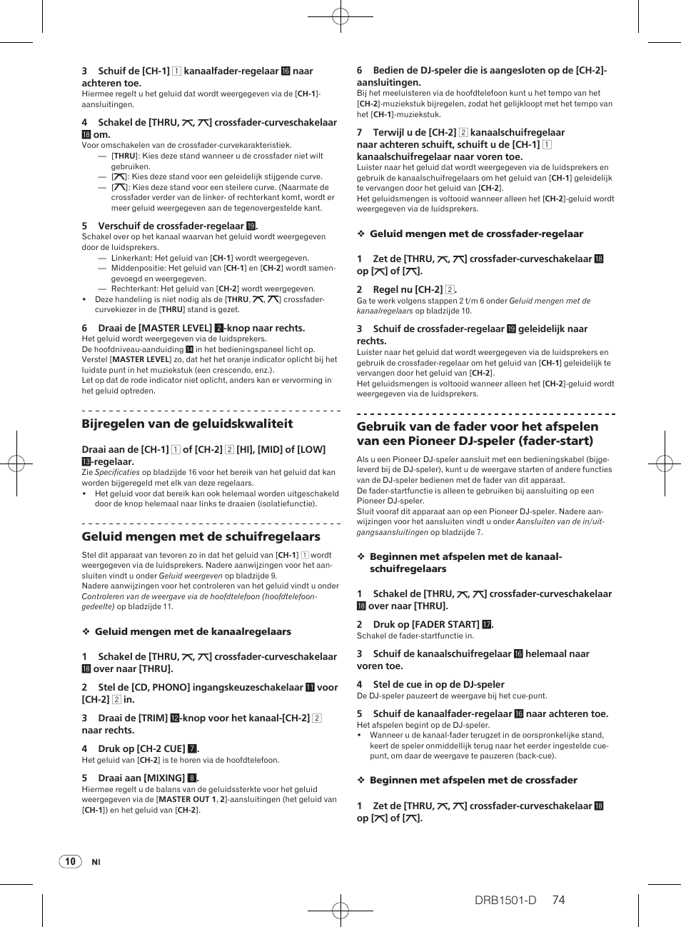 Drb1501-d, Bijregelen van de geluidskwaliteit, Geluid mengen met de schuifregelaars | Pioneer DJM-350-W User Manual | Page 74 / 116