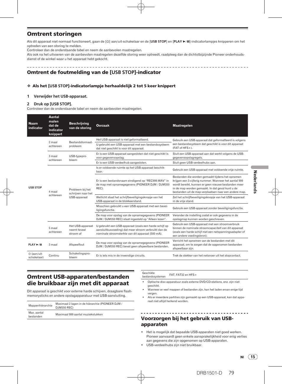 Omtrent storingen, Drb1501-d, Omtrent de foutmelding van de [usb stop]-indicator | Voorzorgen bij het gebruik van usb- apparaten, 15 nederlands | Pioneer DJM-350-W User Manual | Page 79 / 116