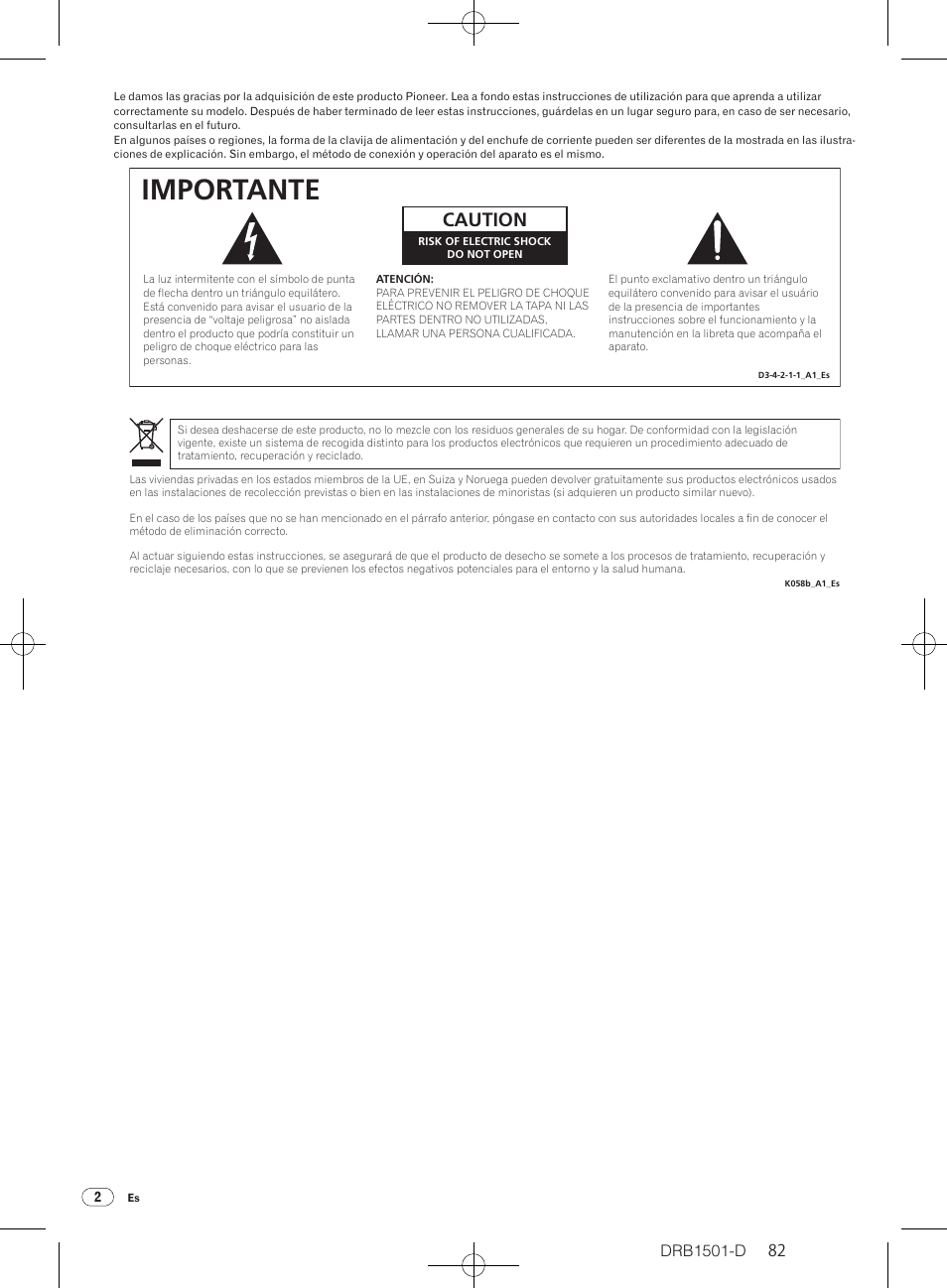 Importante, Caution, Drb1501-d | Pioneer DJM-350-W User Manual | Page 82 / 116