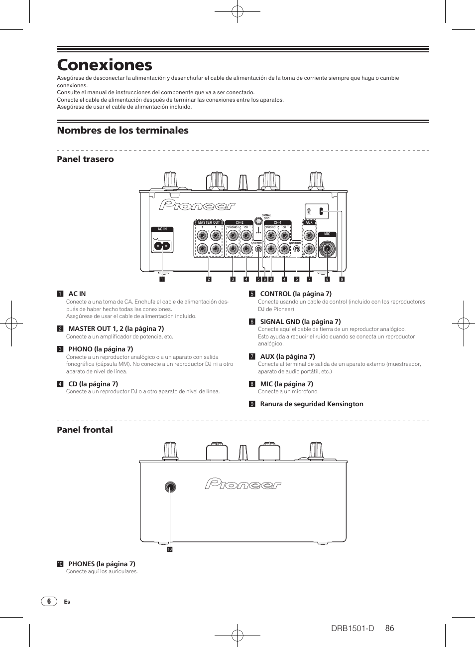 Conexiones, Nombres de los terminales, Drb1501-d | Panel trasero, Panel frontal | Pioneer DJM-350-W User Manual | Page 86 / 116