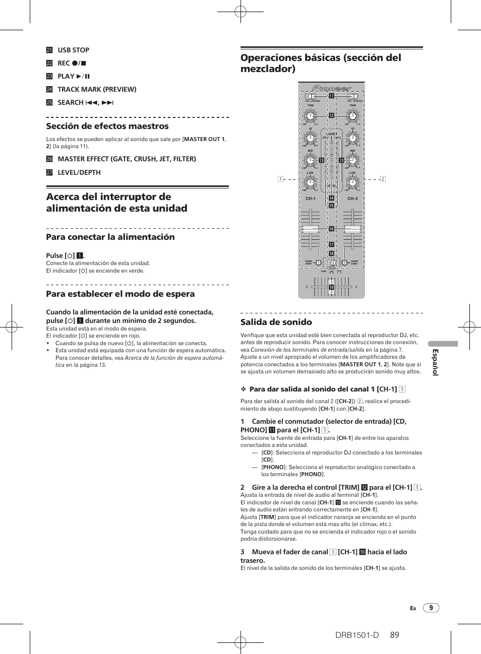 Operaciones básicas (sección del mezclador), Drb1501-d, Sección de efectos maestros | Para conectar la alimentación, Para establecer el modo de espera, Salida de sonido, 9español | Pioneer DJM-350-W User Manual | Page 89 / 116