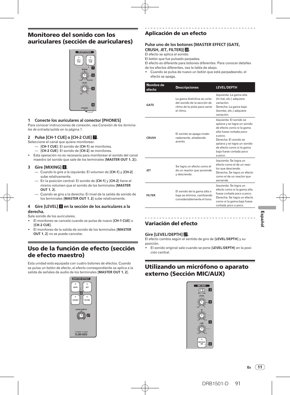 Drb1501-d, Aplicación de un efecto, Variación del efecto | 11 español | Pioneer DJM-350-W User Manual | Page 91 / 116