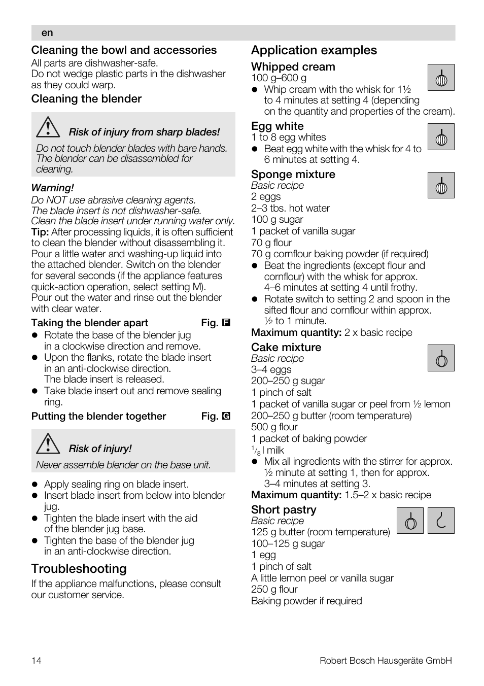 Troubleshooting, Application examples | Bosch MUM48CR1 KITCHEN MACHINE 600W BLANC CHROME Couleur blanc CHR User Manual | Page 14 / 140