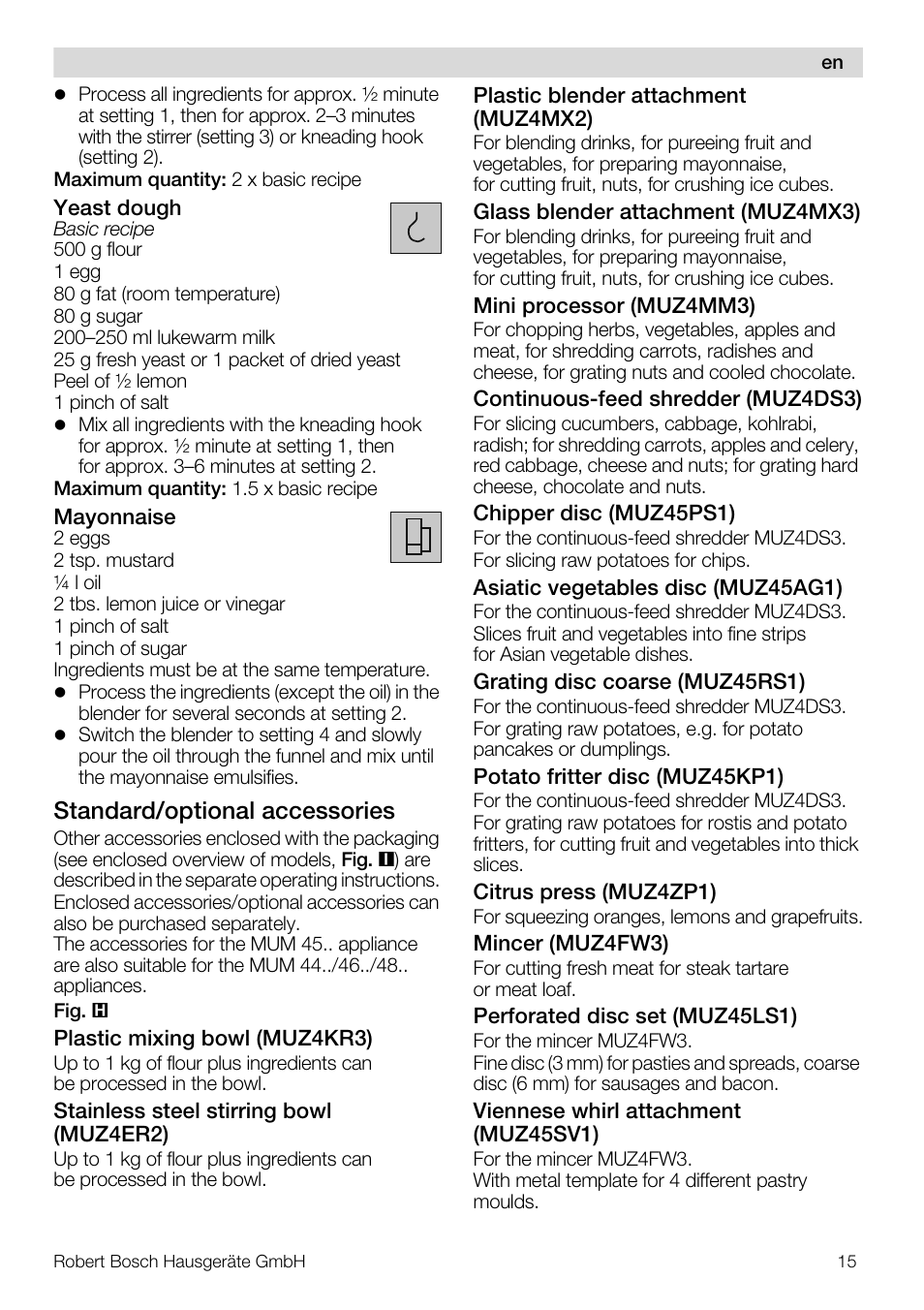 Standard/optional accessories | Bosch MUM48CR1 KITCHEN MACHINE 600W BLANC CHROME Couleur blanc CHR User Manual | Page 15 / 140