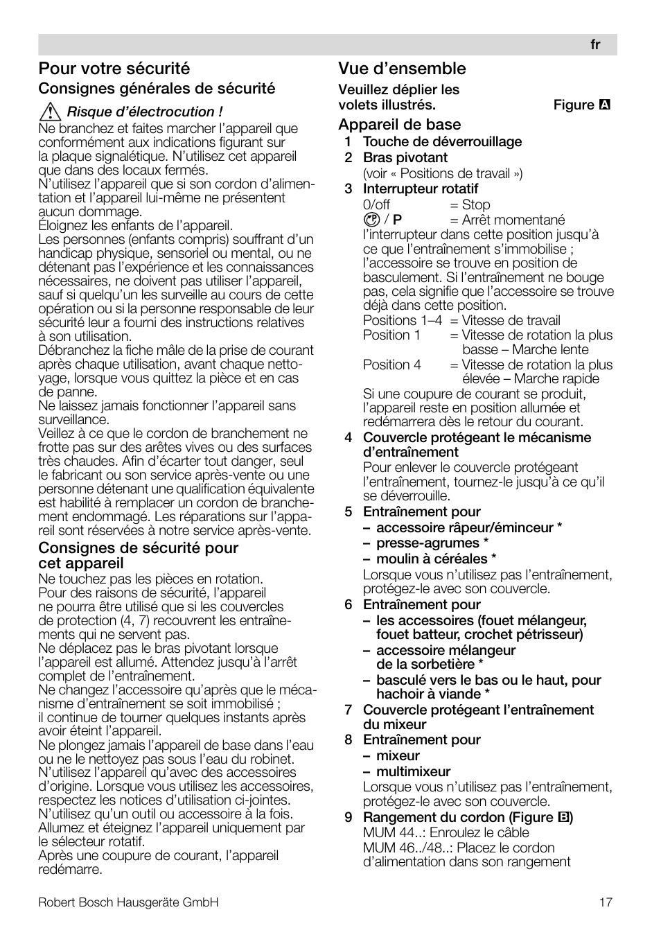 Pour votre sécurité, Vue d’ensemble | Bosch MUM48CR1 KITCHEN MACHINE 600W BLANC CHROME Couleur blanc CHR User Manual | Page 17 / 140