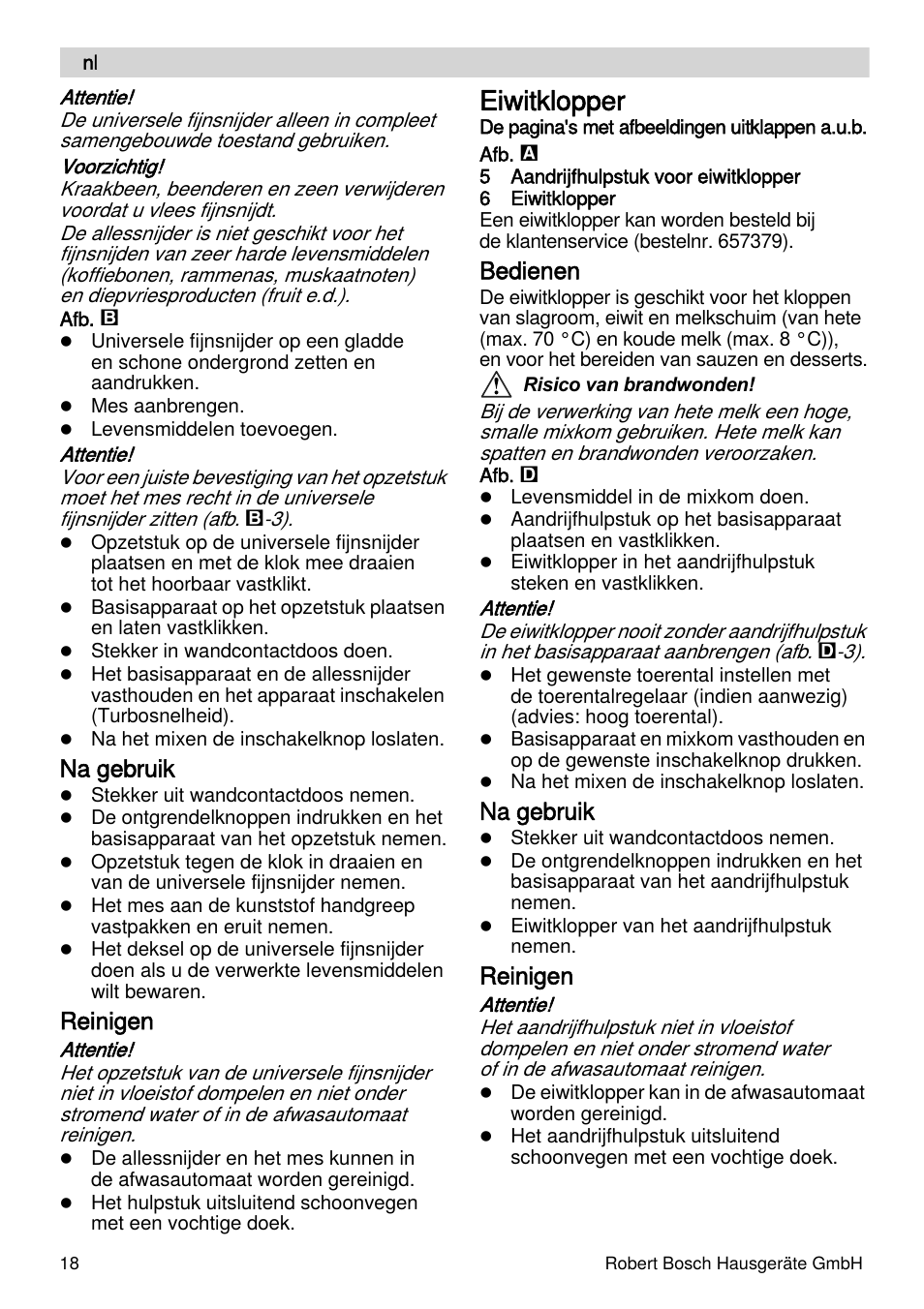 Eiwitklopper, Na gebruik, Reinigen | Bedienen | Bosch MSM66155 Mixeur plongeant blanc gris User Manual | Page 18 / 73