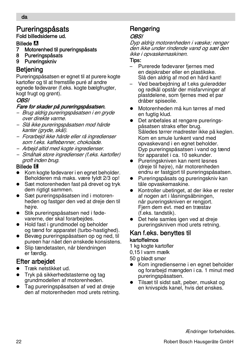 Pureringspåsats, Betjening, Efter arbejdet | Rengøring, Kan f.eks. benyttes til | Bosch MSM66155 Mixeur plongeant blanc gris User Manual | Page 22 / 73