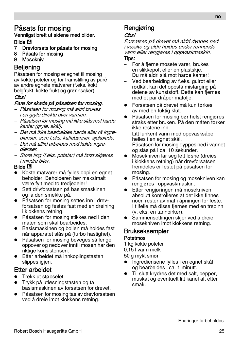 Påsats for mosing, Betjening, Etter arbeidet | Rengjøring, Brukseksempler | Bosch MSM66155 Mixeur plongeant blanc gris User Manual | Page 25 / 73