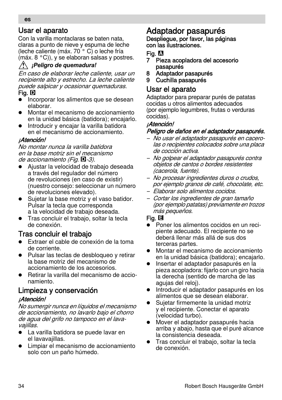 Adaptador pasapurés, Usar el aparato, Tras concluir el trabajo | Limpieza y conservación | Bosch MSM66155 Mixeur plongeant blanc gris User Manual | Page 34 / 73