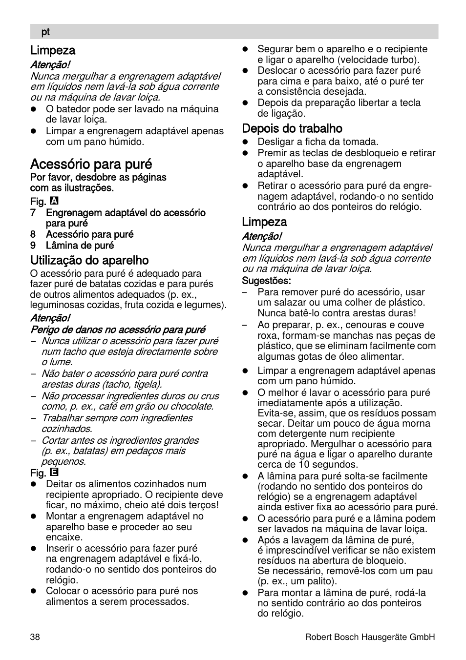 Acessório para puré, Limpeza, Utilização do aparelho | Depois do trabalho | Bosch MSM66155 Mixeur plongeant blanc gris User Manual | Page 38 / 73