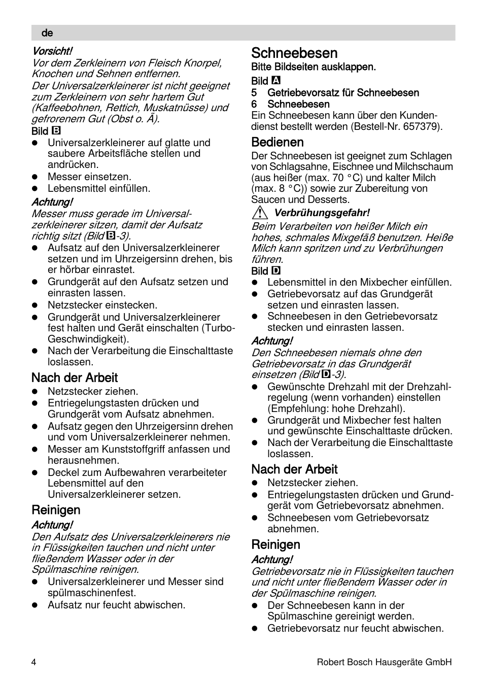 Schneebesen, Nach der arbeit, Reinigen | Bedienen | Bosch MSM66155 Mixeur plongeant blanc gris User Manual | Page 4 / 73