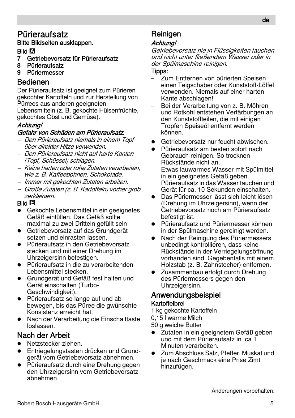 Pürieraufsatz, Bedienen, Nach der arbeit | Reinigen, Anwendungsbeispiel | Bosch MSM66155 Mixeur plongeant blanc gris User Manual | Page 5 / 73