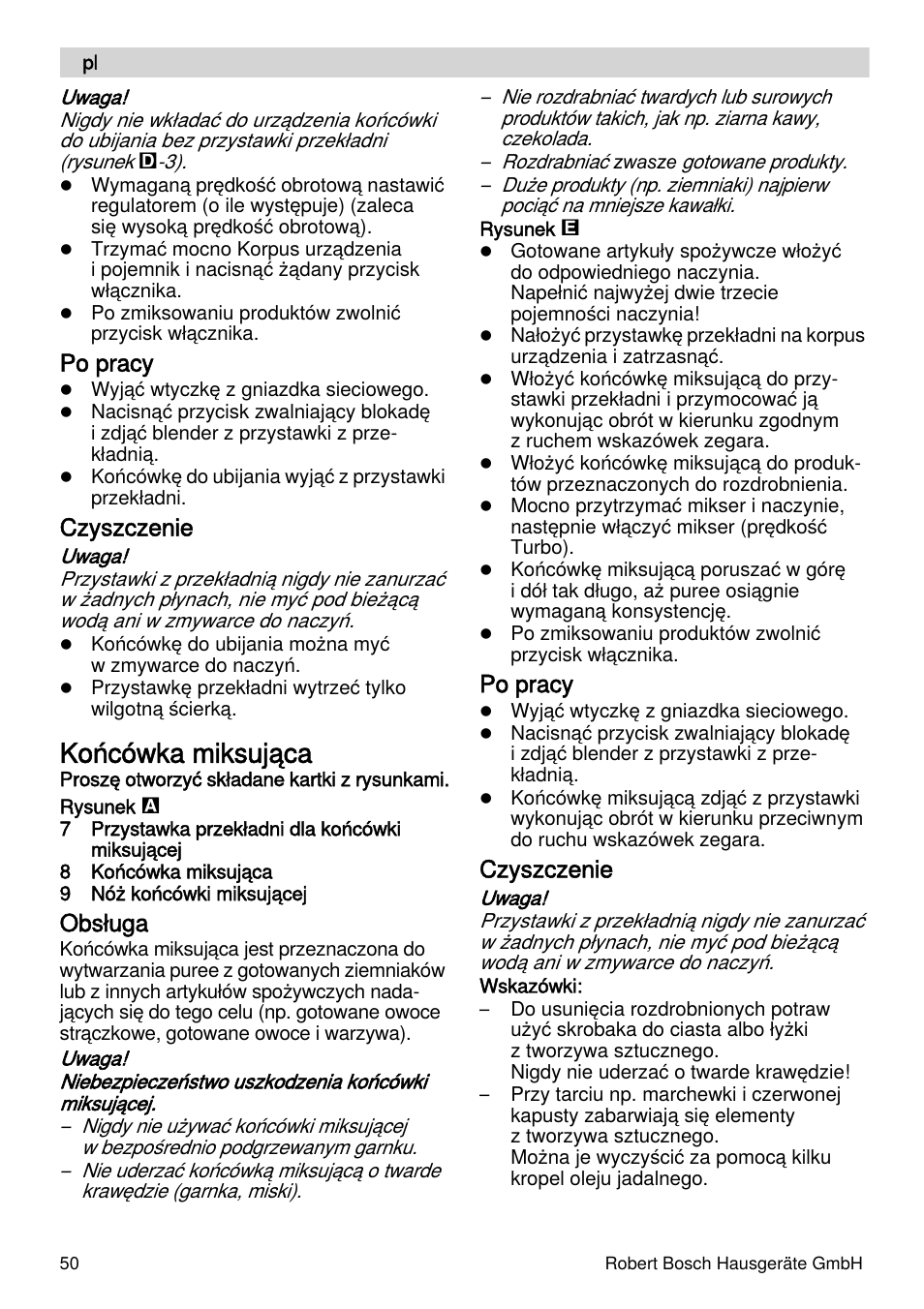 Końcówka miksująca, Po pracy, Czyszczenie | Obsługa | Bosch MSM66155 Mixeur plongeant blanc gris User Manual | Page 50 / 73