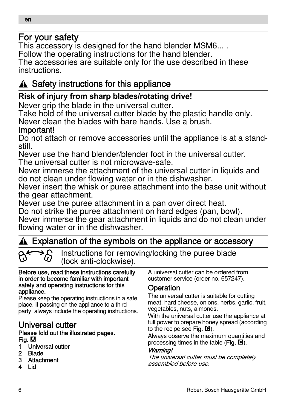 For your safety, Safety instructions for this appliance, Universal cutter | Bosch MSM66155 Mixeur plongeant blanc gris User Manual | Page 6 / 73