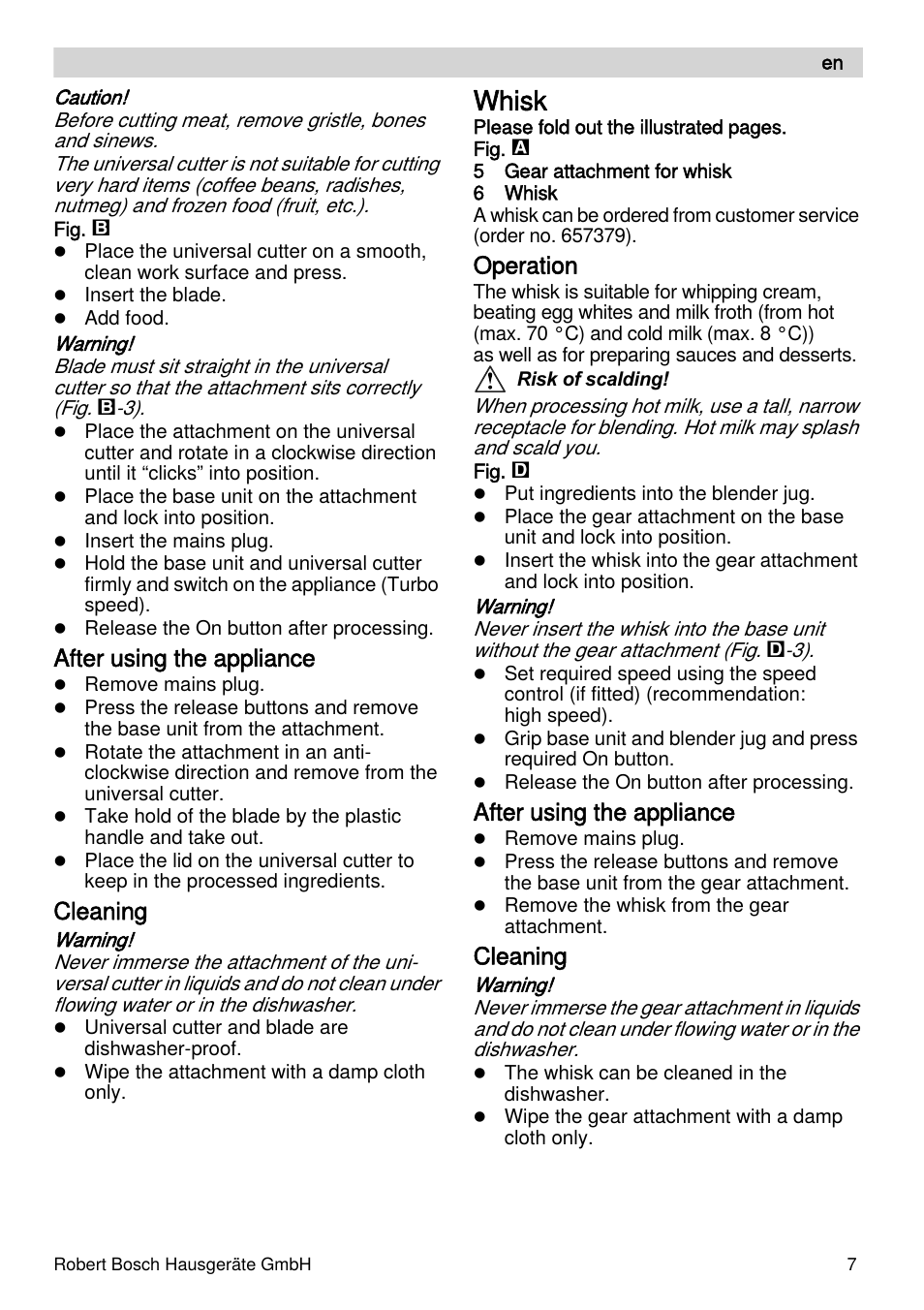 Whisk, After using the appliance, Cleaning | Operation | Bosch MSM66155 Mixeur plongeant blanc gris User Manual | Page 7 / 73