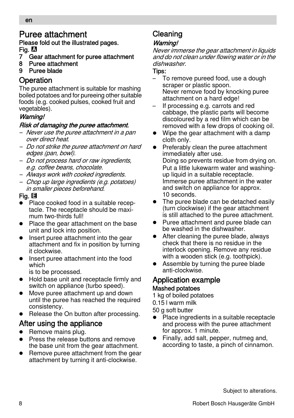 Puree attachment, Operation, After using the appliance | Cleaning, Application example | Bosch MSM66155 Mixeur plongeant blanc gris User Manual | Page 8 / 73