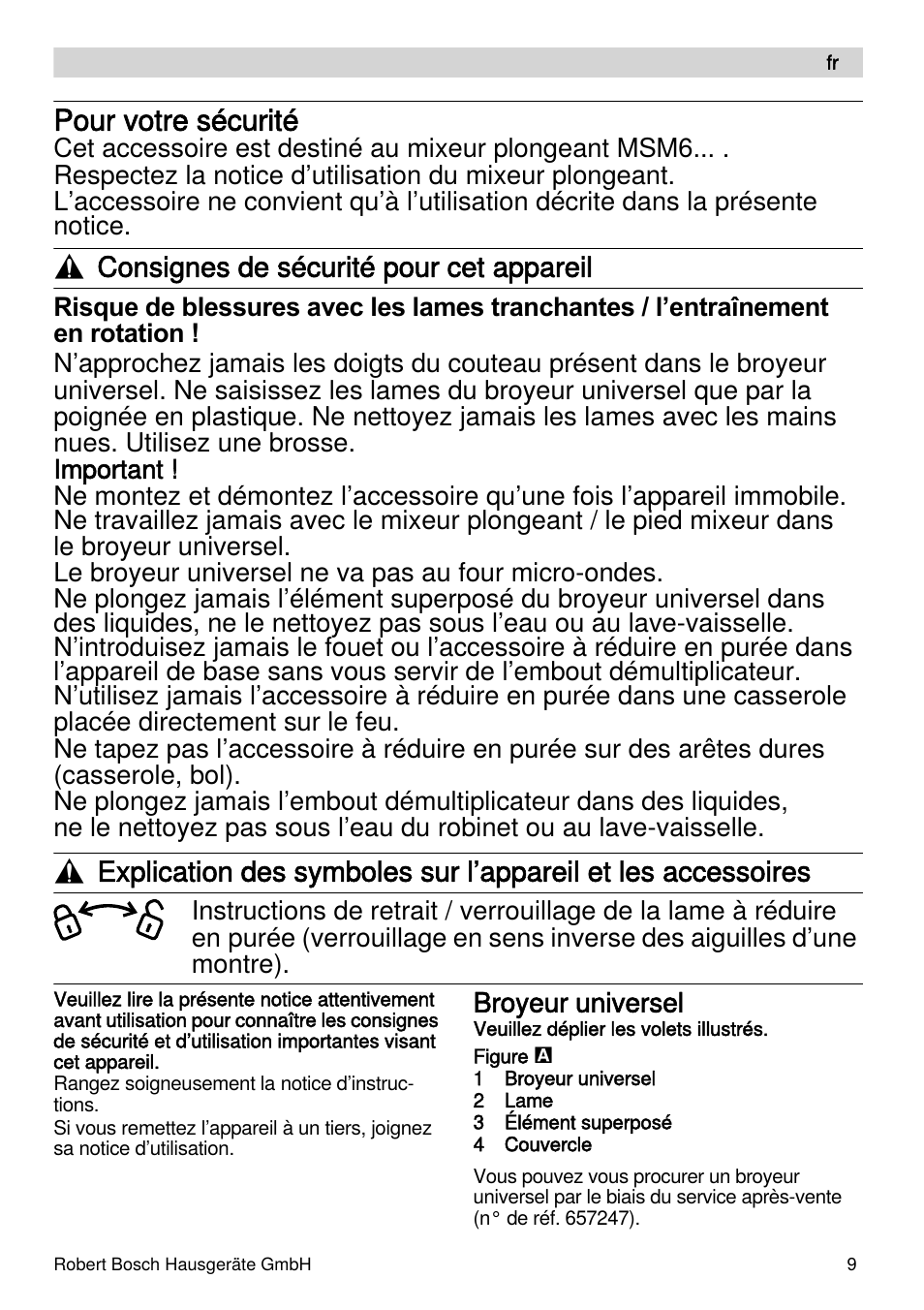 Pour votre sécurité, Consignes de sécurité pour cet appareil | Bosch MSM66155 Mixeur plongeant blanc gris User Manual | Page 9 / 73