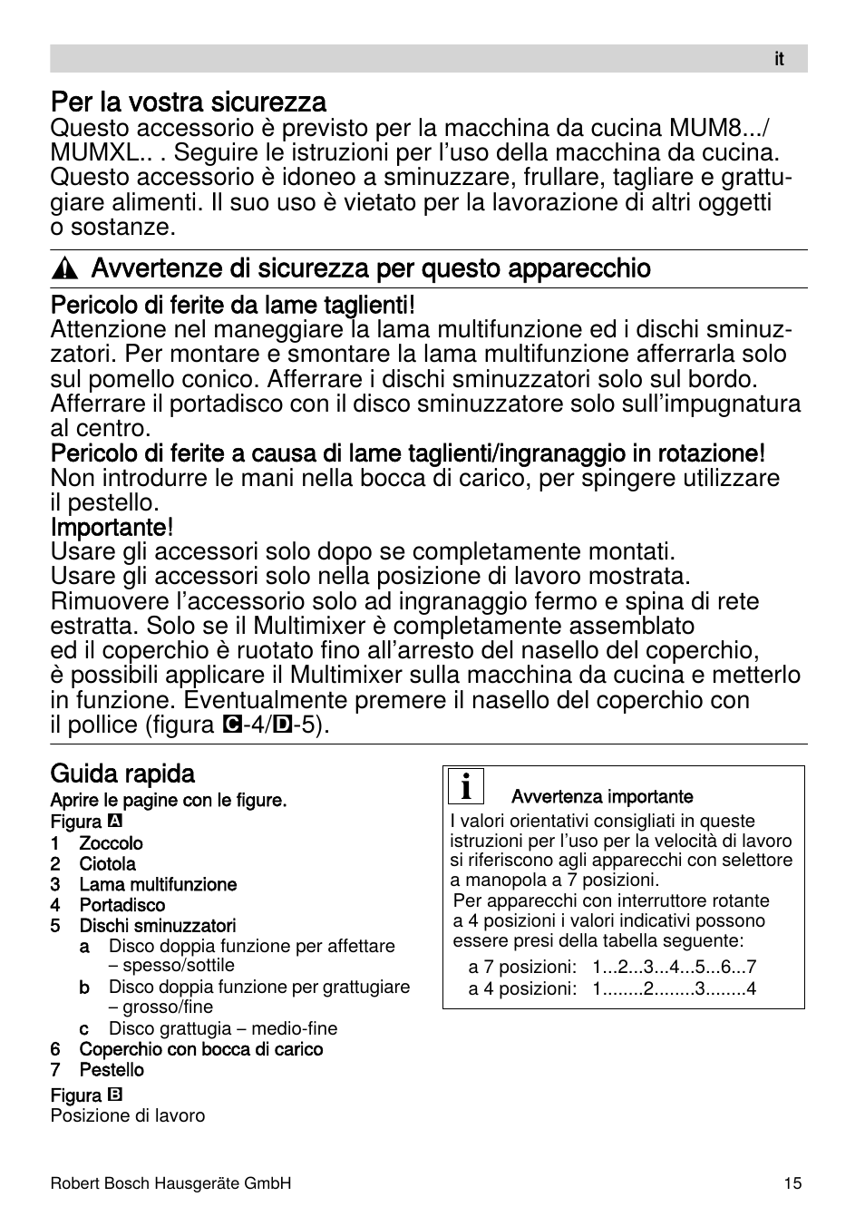 Per la vostra sicurezza, Avvertenze di sicurezza per questo apparecchio, Guida rapida | Bosch MUZXLVE1 VitalEmotion pour les maîtres du pain le kit VitalEmotion est composé dun moulin à céréales dun mini-hachoir Multi-mixer et de 3 disques User Manual | Page 15 / 78