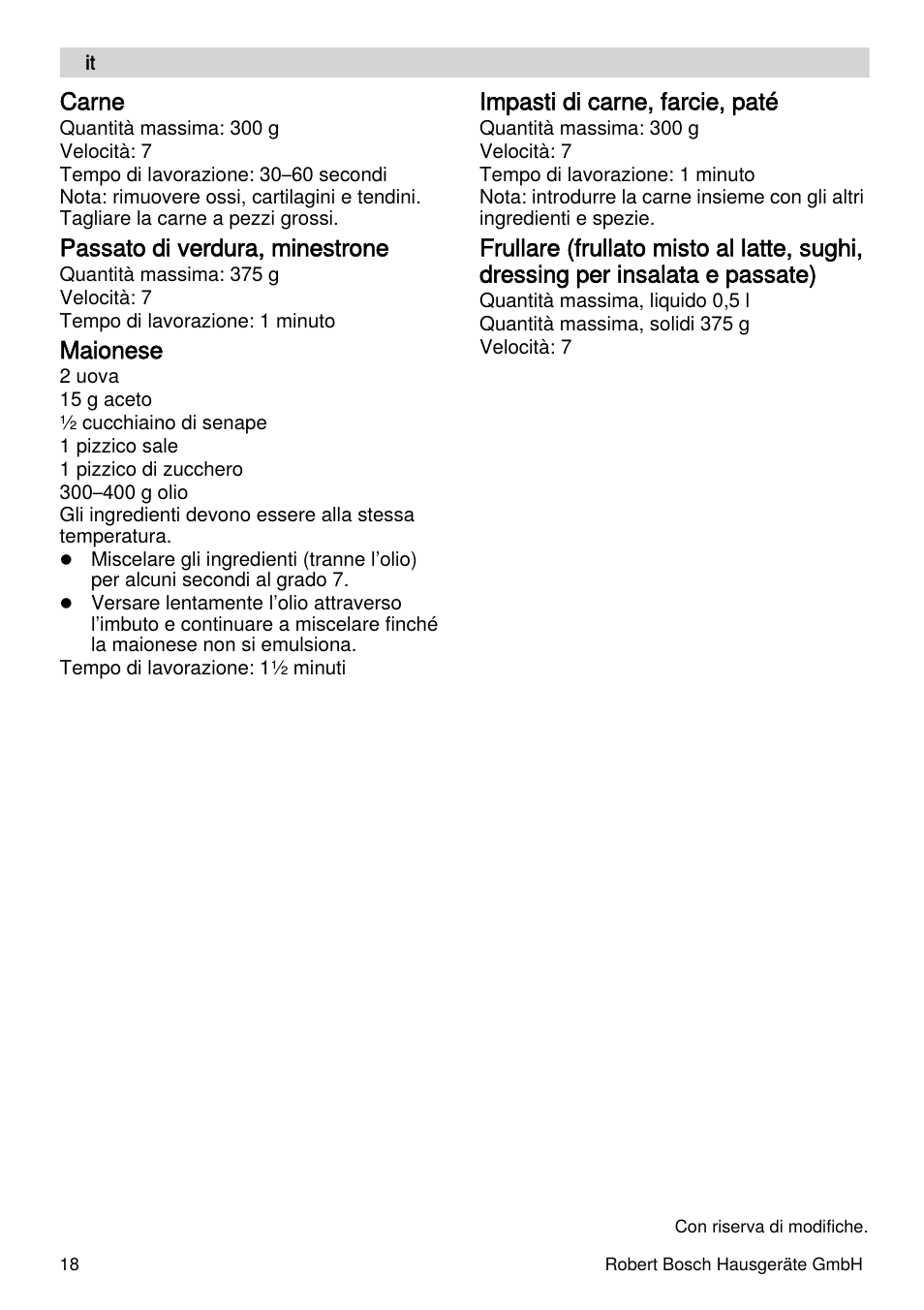 Carne, Passato di verdura, minestrone, Maionese | Impasti di carne, farcie, paté | Bosch MUZXLVE1 VitalEmotion pour les maîtres du pain le kit VitalEmotion est composé dun moulin à céréales dun mini-hachoir Multi-mixer et de 3 disques User Manual | Page 18 / 78