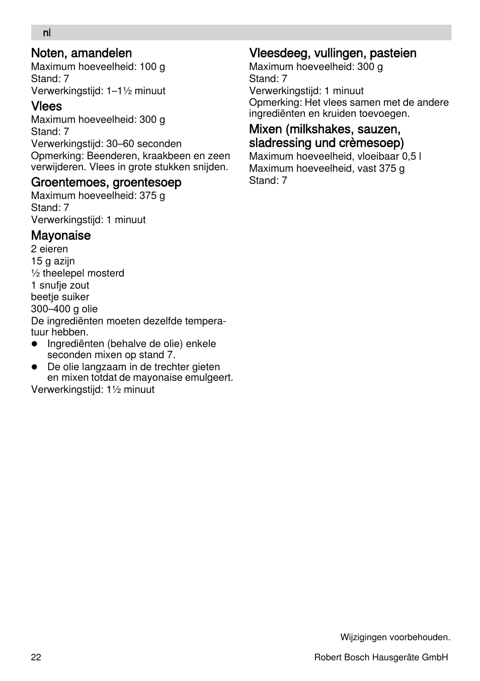 Vlees, Groentemoes, groentesoep, Mayonaise | Vleesdeeg, vullingen, pasteien | Bosch MUZXLVE1 VitalEmotion pour les maîtres du pain le kit VitalEmotion est composé dun moulin à céréales dun mini-hachoir Multi-mixer et de 3 disques User Manual | Page 22 / 78