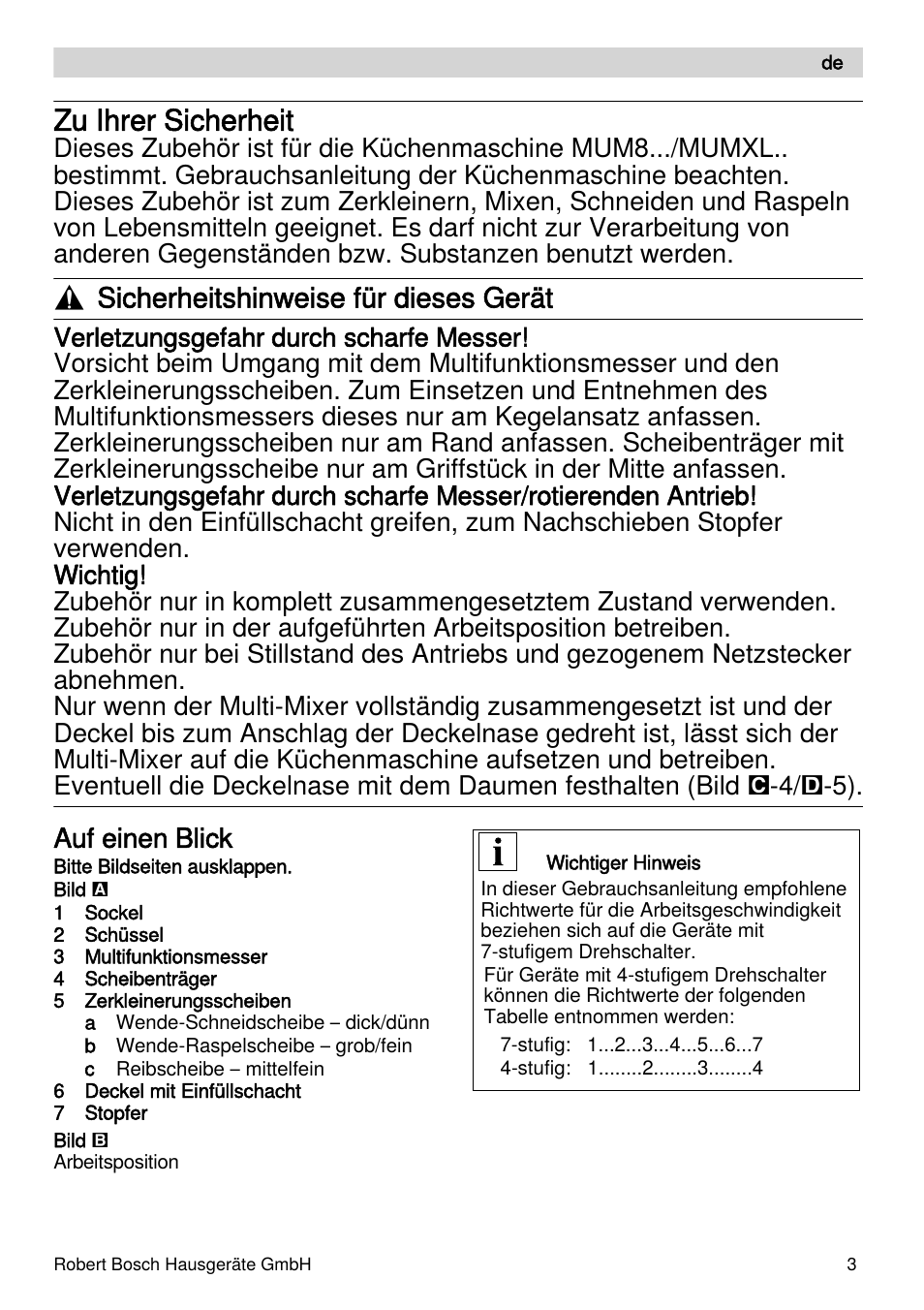 Zu ihrer sicherheit, Sicherheitshinweise für dieses gerät, Auf einen blick | Bosch MUZXLVE1 VitalEmotion pour les maîtres du pain le kit VitalEmotion est composé dun moulin à céréales dun mini-hachoir Multi-mixer et de 3 disques User Manual | Page 3 / 78