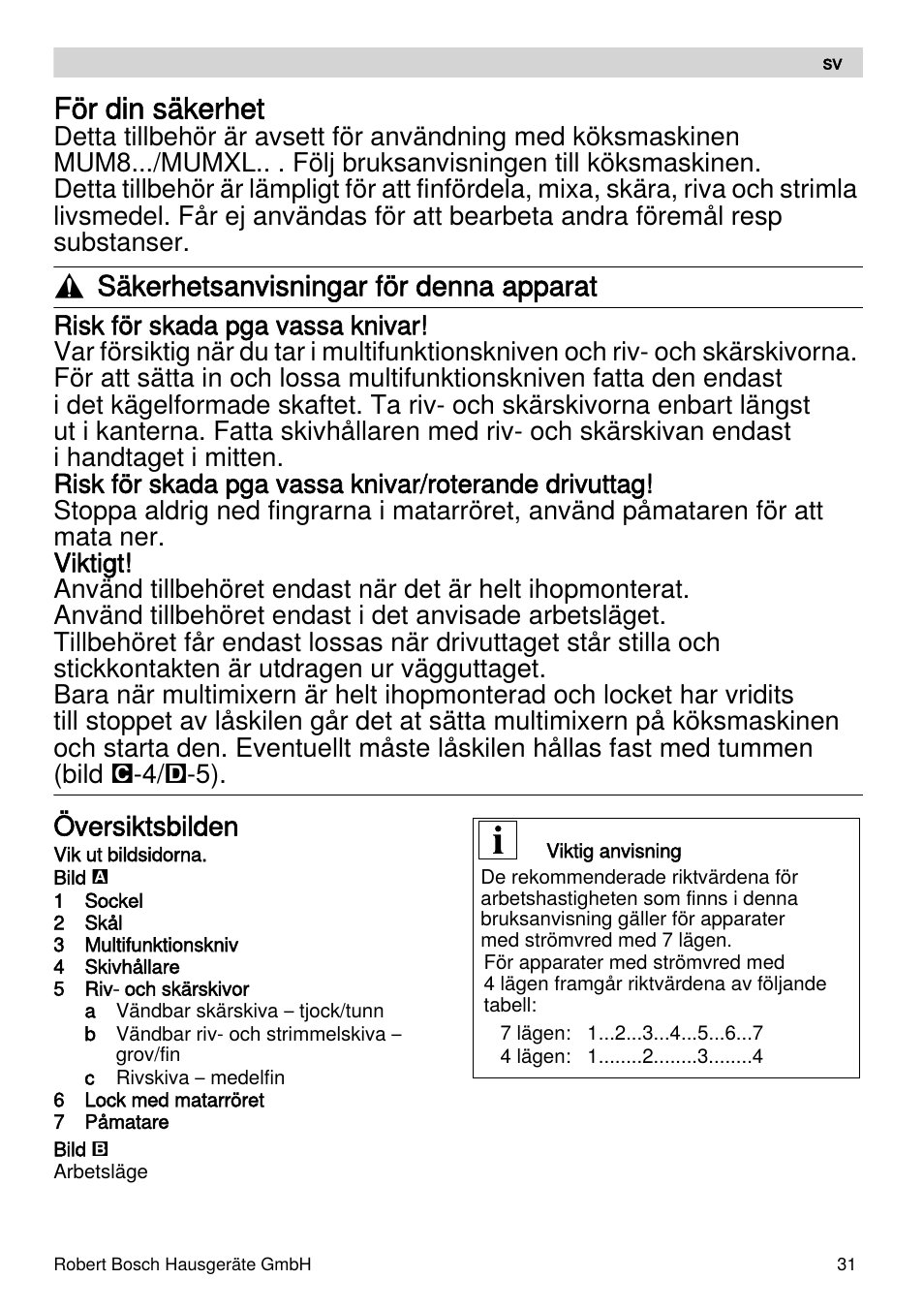 För din säkerhet, Säkerhetsanvisningar för denna apparat, Översiktsbilden | Bosch MUZXLVE1 VitalEmotion pour les maîtres du pain le kit VitalEmotion est composé dun moulin à céréales dun mini-hachoir Multi-mixer et de 3 disques User Manual | Page 31 / 78