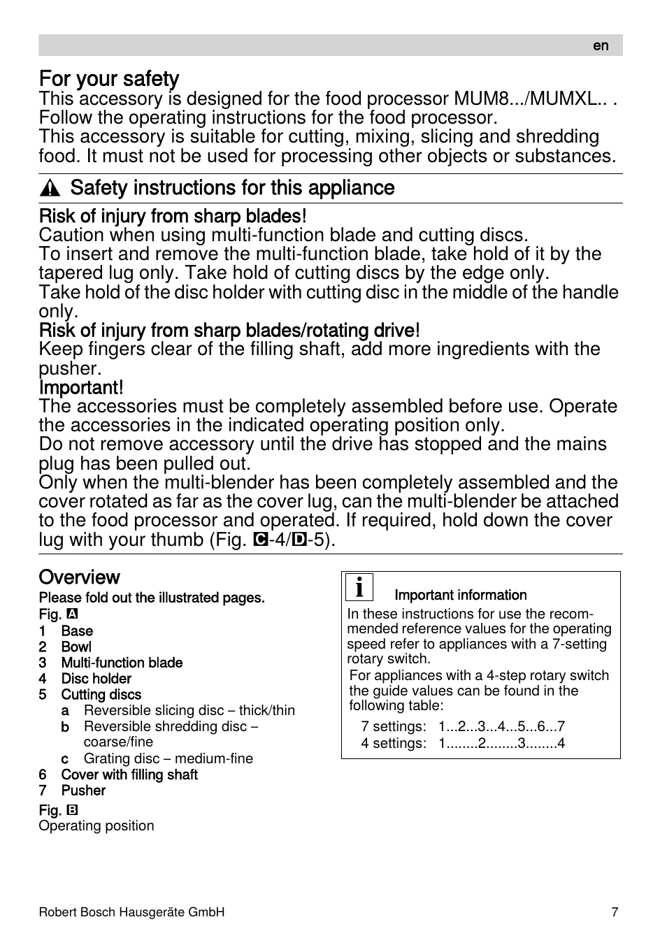 For your safety, Safety instructions for this appliance, Overview | Bosch MUZXLVE1 VitalEmotion pour les maîtres du pain le kit VitalEmotion est composé dun moulin à céréales dun mini-hachoir Multi-mixer et de 3 disques User Manual | Page 7 / 78